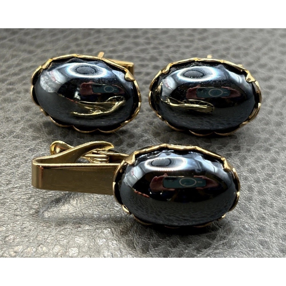 Vintage Sarah Coventry SAC Hematite Cabochon Cufflinks Tie Clip Set Gold Tone